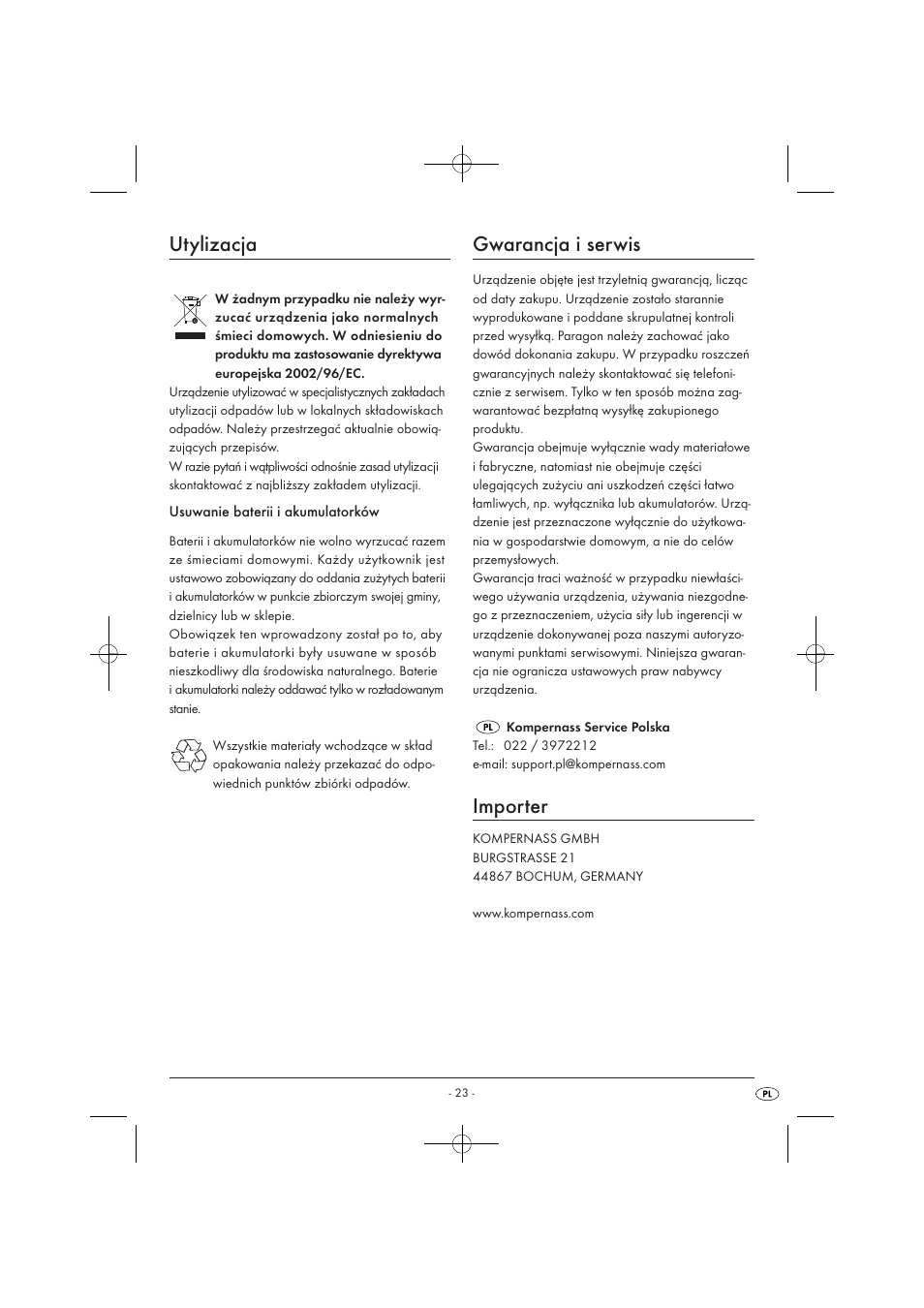 Utylizacja, Gwarancja i serwis, Importer | Tronic KH 3002 User Manual | Page 25 / 98