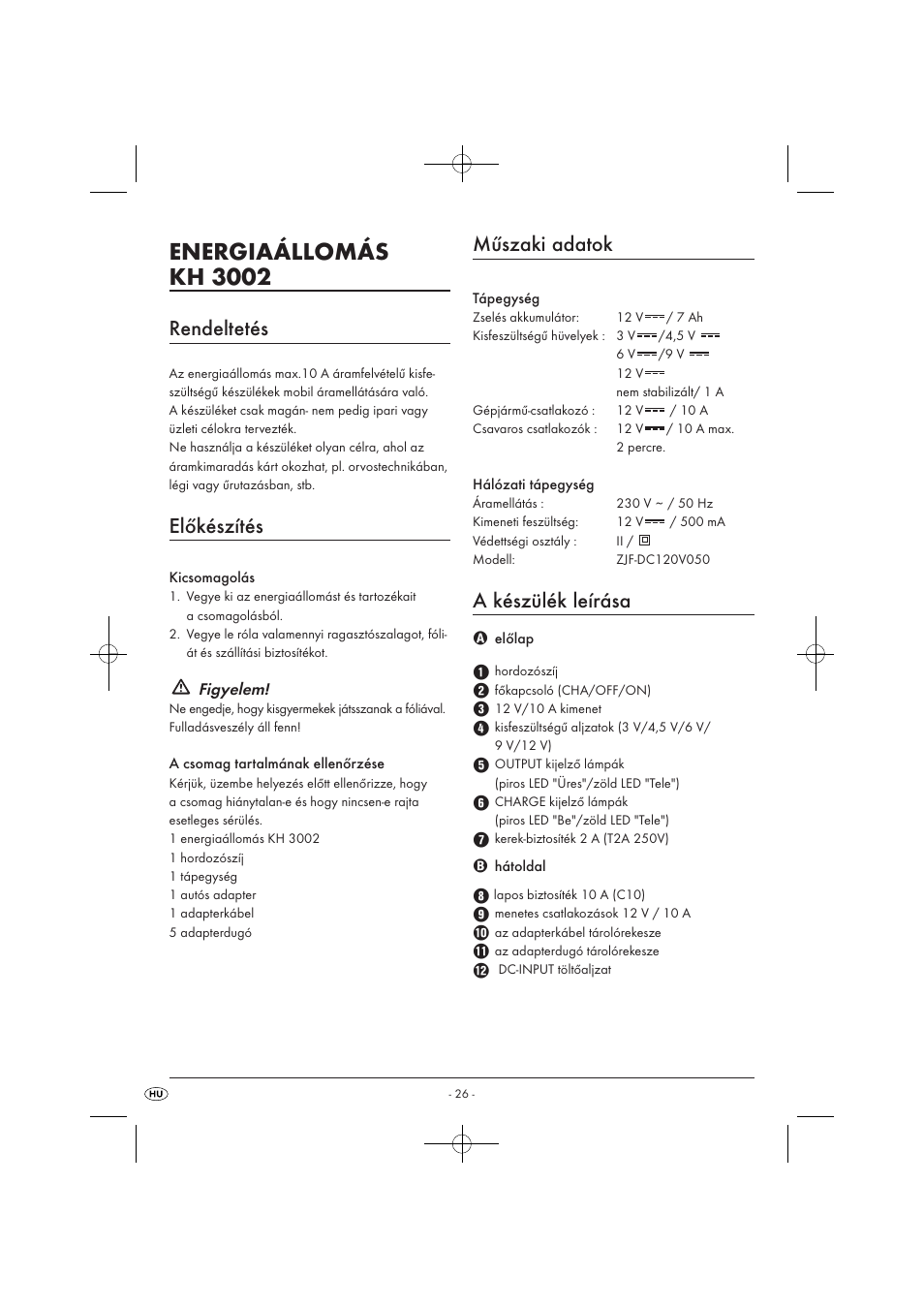 Energiaállomás kh 3002, Rendeltetés, Előkészítés | Műszaki adatok, A készülék leírása | Tronic KH 3002 User Manual | Page 28 / 98