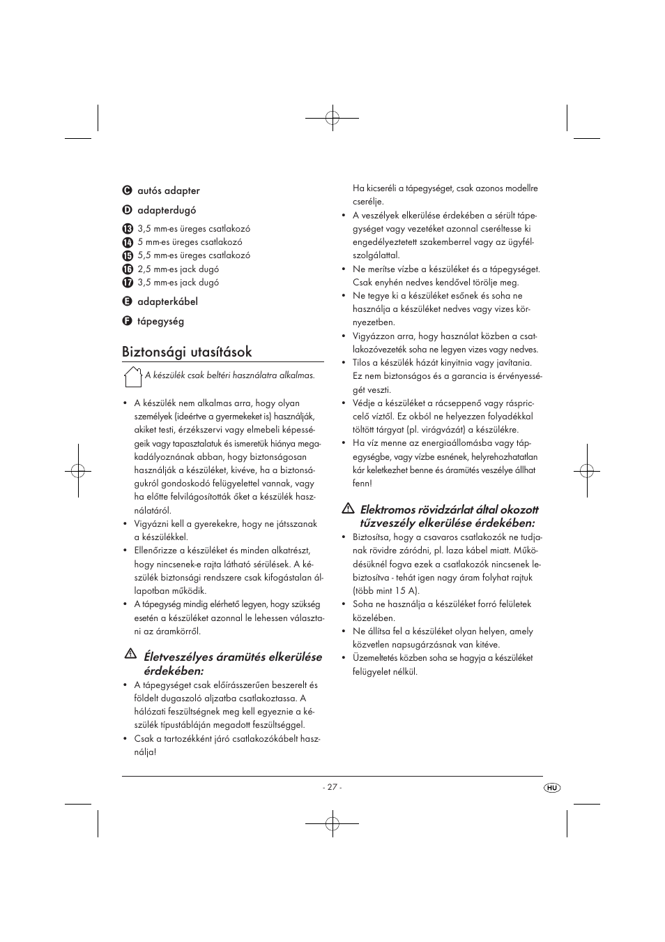 Biztonsági utasítások, Életveszélyes áramütés elkerülése érdekében | Tronic KH 3002 User Manual | Page 29 / 98