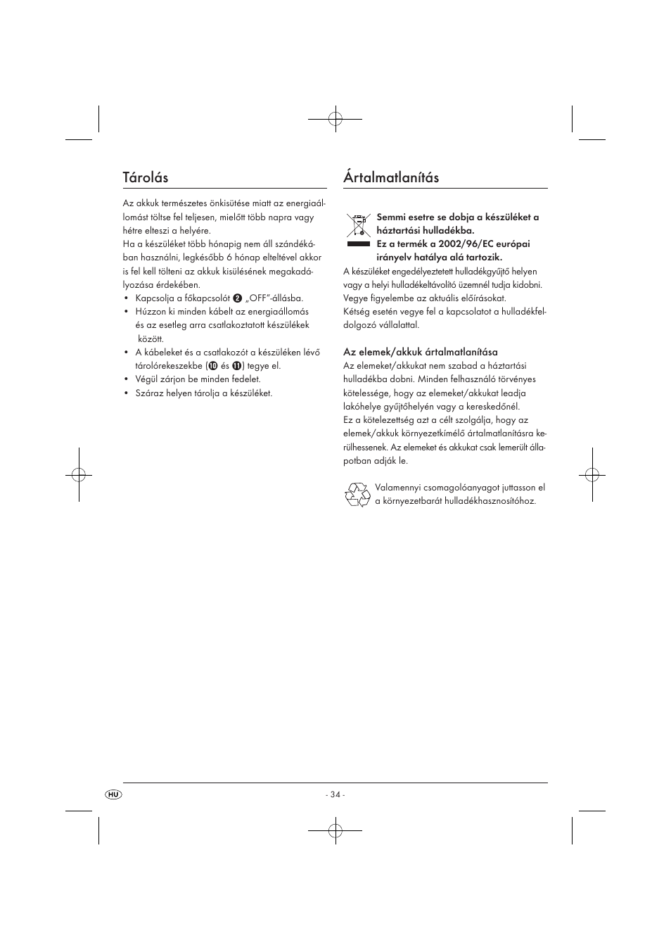 Tárolás, Ártalmatlanítás | Tronic KH 3002 User Manual | Page 36 / 98