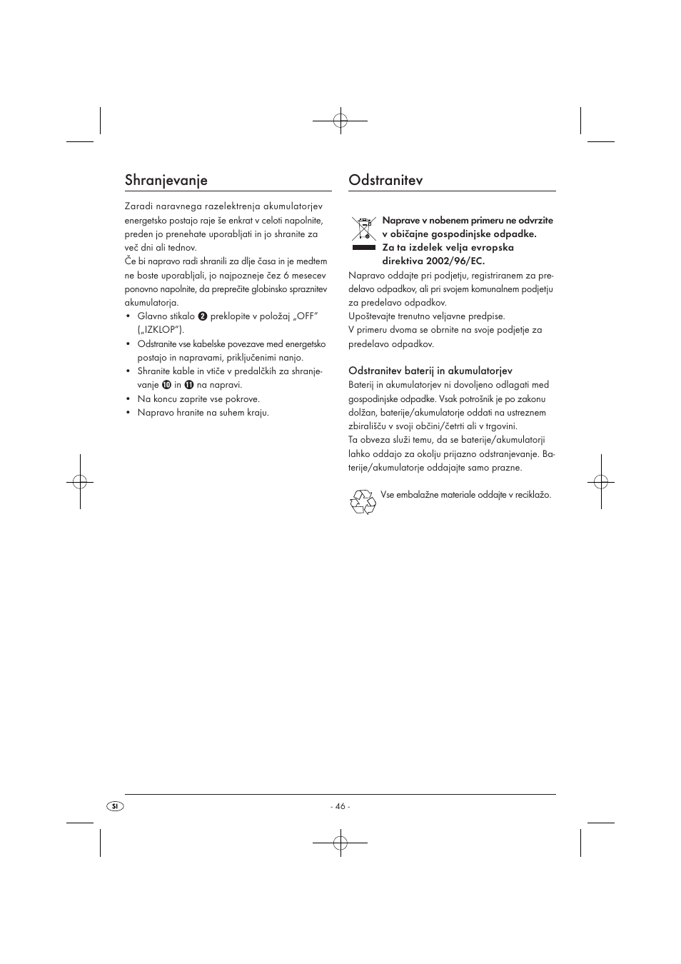 Shranjevanje, Odstranitev | Tronic KH 3002 User Manual | Page 48 / 98