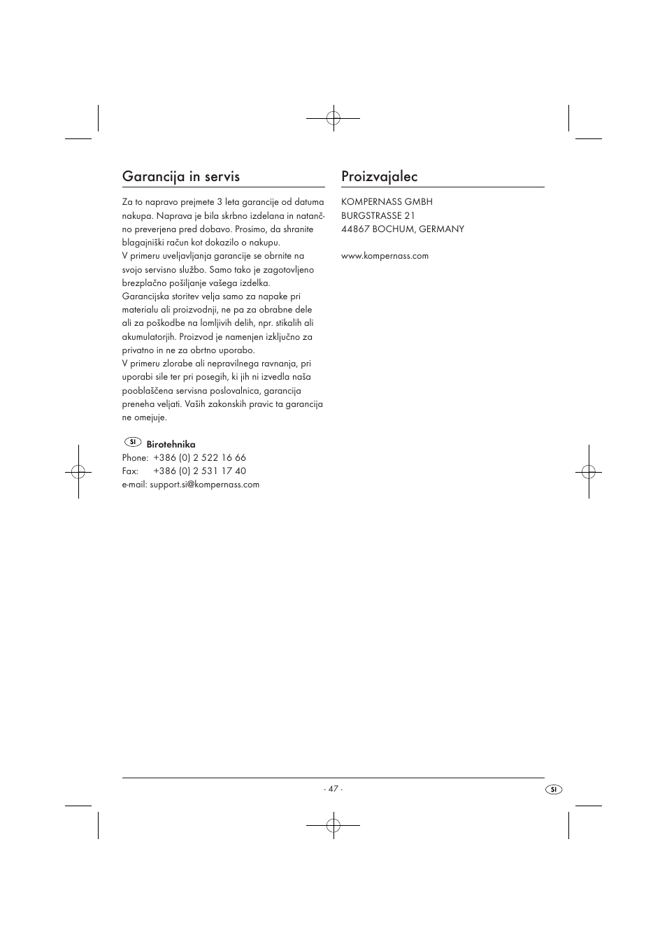 Garancija in servis, Proizvajalec | Tronic KH 3002 User Manual | Page 49 / 98