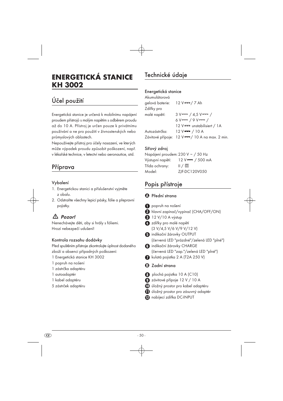 Energetická stanice kh 3002, Účel použití, Příprava | Technické údaje, Popis přístroje | Tronic KH 3002 User Manual | Page 52 / 98