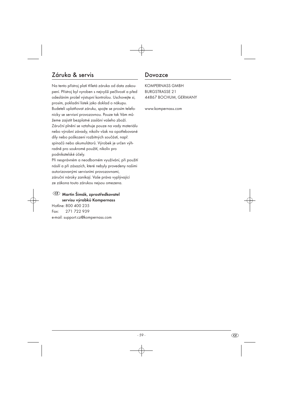 Záruka & servis, Dovozce | Tronic KH 3002 User Manual | Page 61 / 98