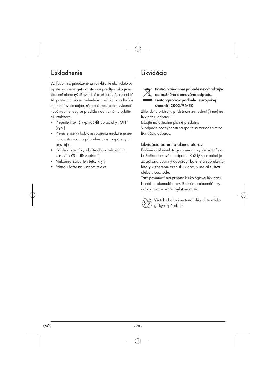 Uskladnenie, Likvidácia | Tronic KH 3002 User Manual | Page 72 / 98