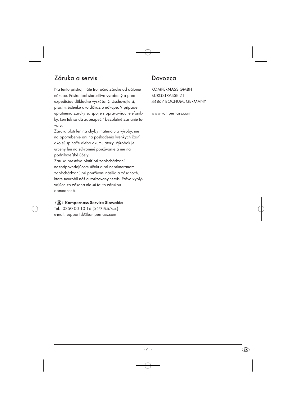 Záruka a servis, Dovozca | Tronic KH 3002 User Manual | Page 73 / 98