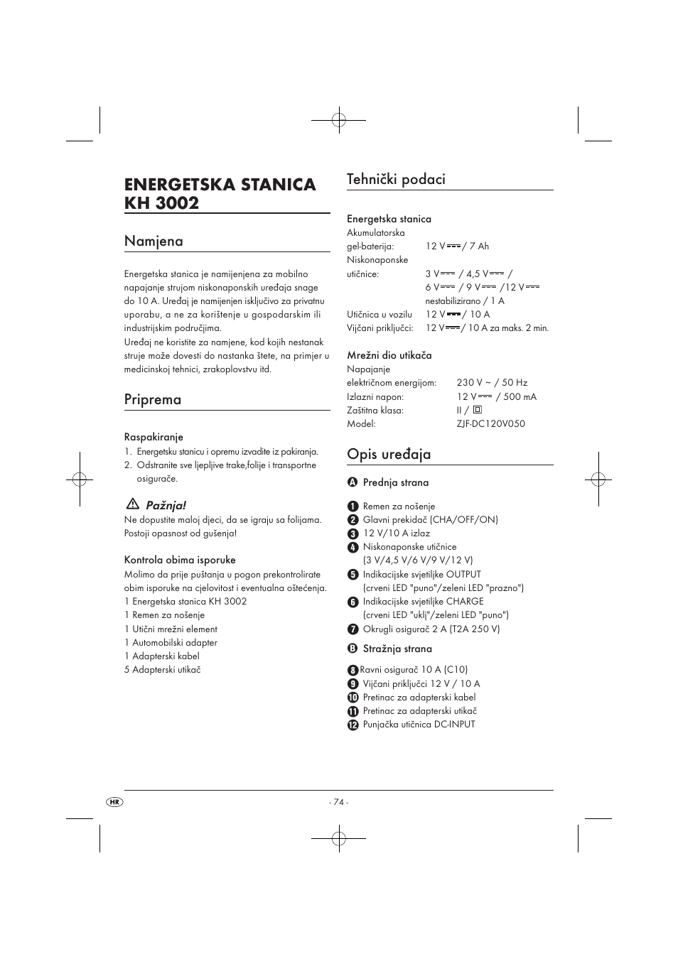 Energetska stanica kh 3002, Namjena, Priprema | Tehnički podaci, Opis uređaja | Tronic KH 3002 User Manual | Page 76 / 98