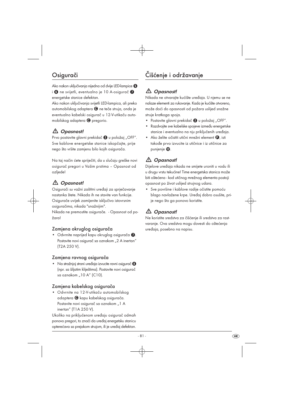 Osigurači, Čišćenje i održavanje, Opasnost | Zamjena okruglog osigurača, Zamjena ravnog osigurača, Zamjena kabelskog osigurača | Tronic KH 3002 User Manual | Page 83 / 98