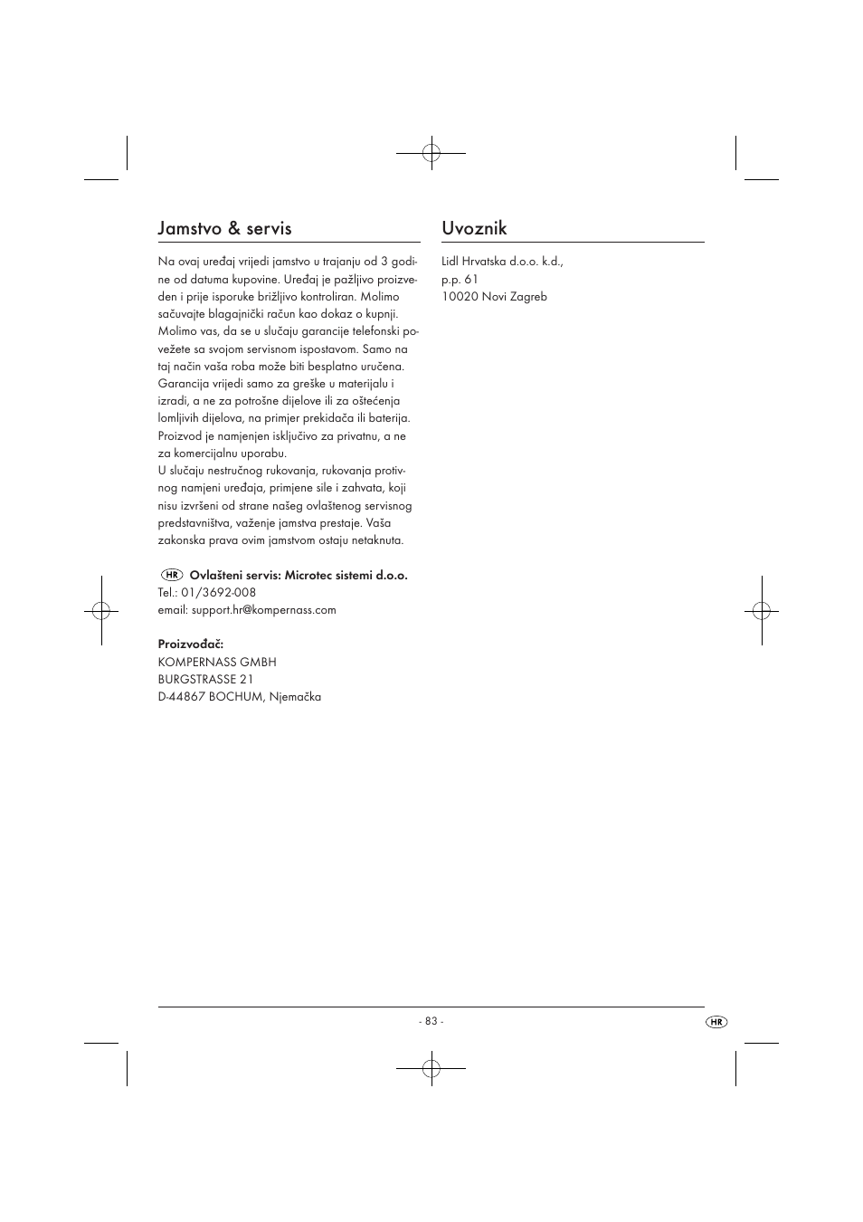 Jamstvo & servis, Uvoznik | Tronic KH 3002 User Manual | Page 85 / 98