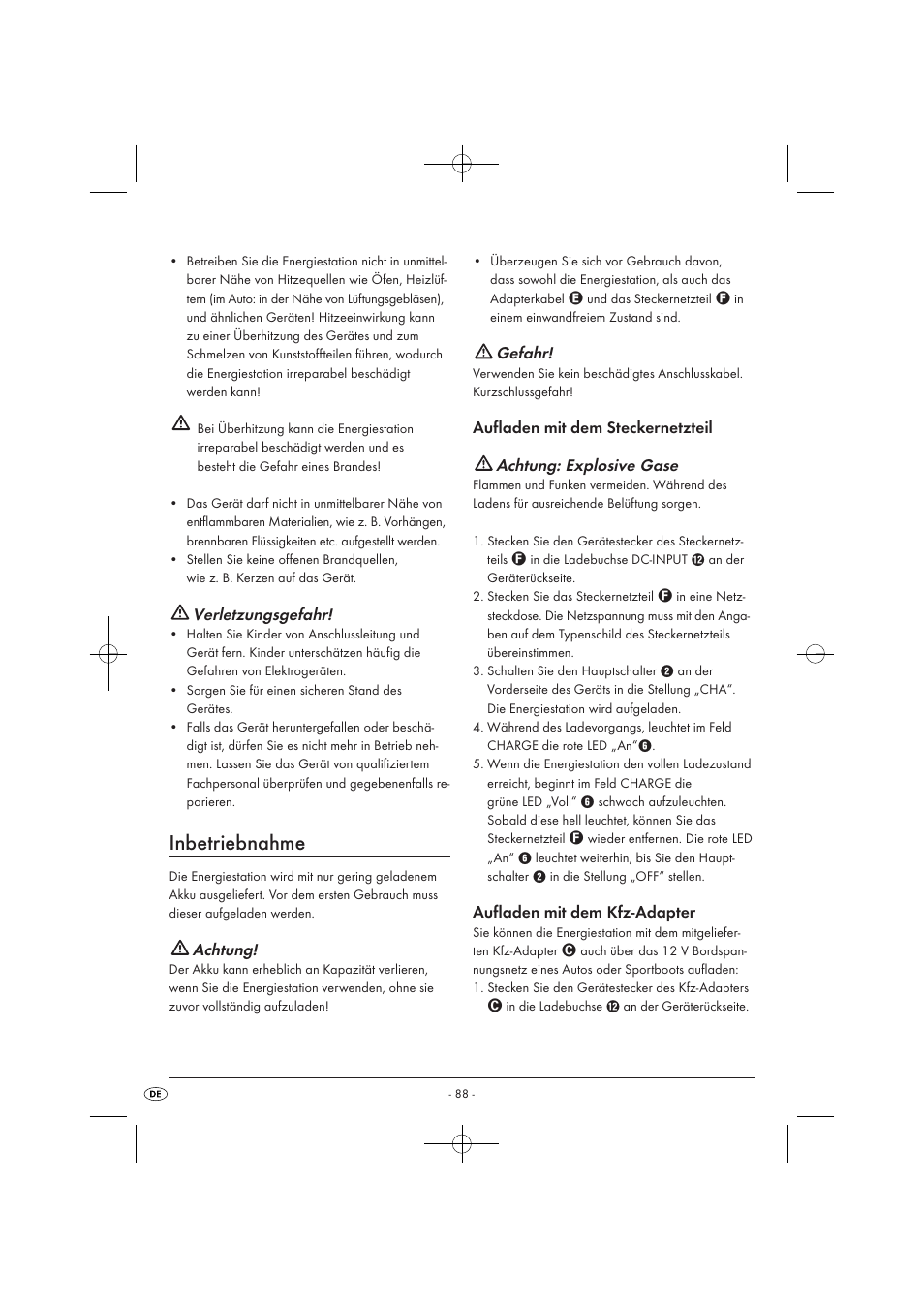 Inbetriebnahme, Verletzungsgefahr, Achtung | Gefahr, Aufladen mit dem kfz-adapter | Tronic KH 3002 User Manual | Page 90 / 98