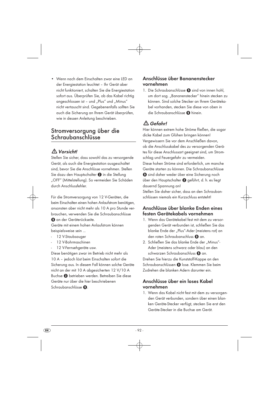 Stromversorgung über die schraubanschlüsse, Vorsicht, Anschlüsse über bananenstecker vornehmen | Gefahr, Anschlüsse über ein loses kabel vornehmen | Tronic KH 3002 User Manual | Page 94 / 98