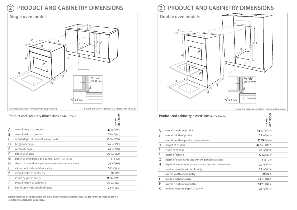 Product and cabinetry dimensions, Double oven models single oven models | DCS WOUD230 User Manual | Page 2 / 4