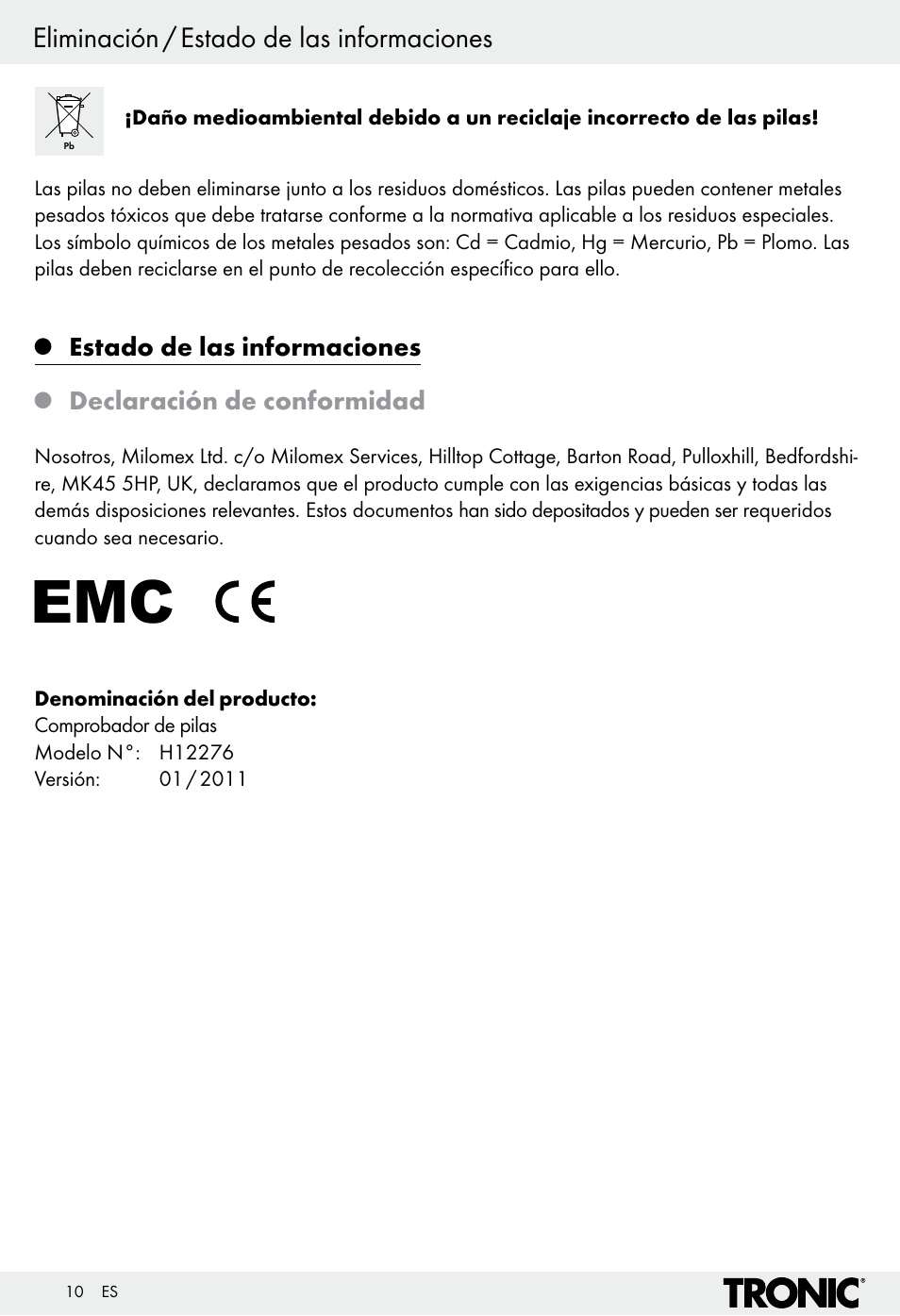 Eliminación / estado de las informaciones | Tronic H12276 User Manual | Page 10 / 35