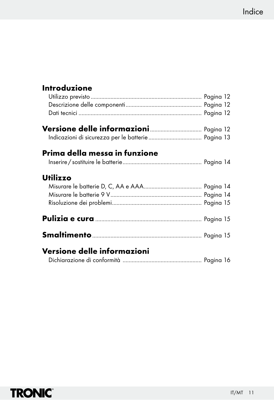 Indice | Tronic H12276 User Manual | Page 11 / 35