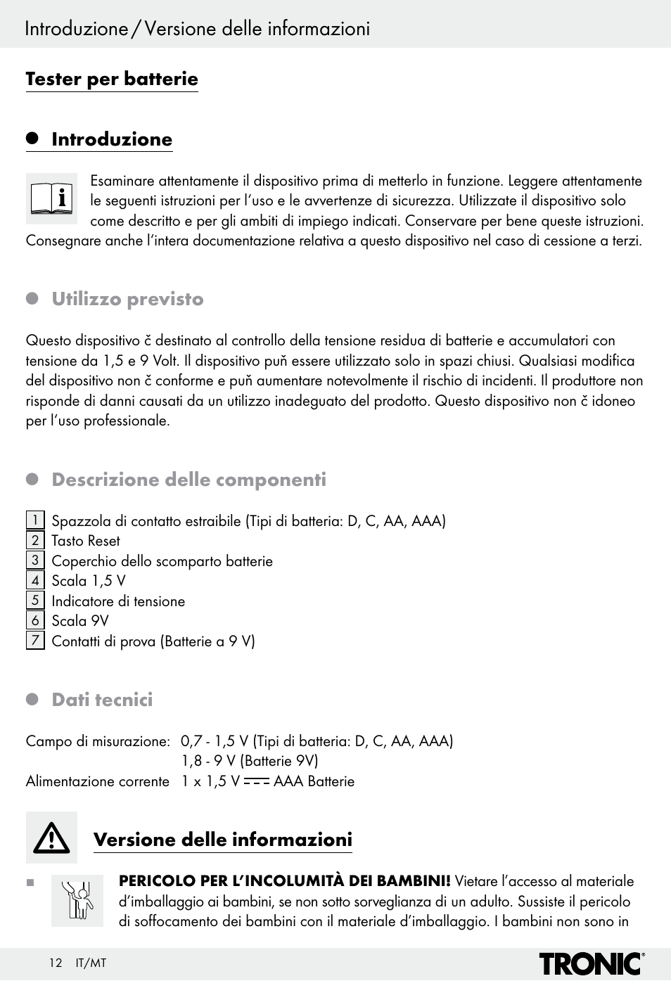Introduzione / versione delle informazioni, Tester per batterie, Introduzione | Utilizzo previsto, Descrizione delle componenti, Dati tecnici, Versione delle informazioni | Tronic H12276 User Manual | Page 12 / 35