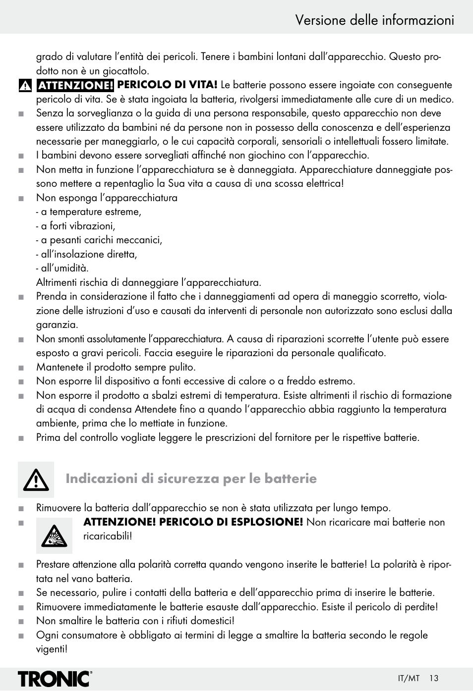 Versione delle informazioni, Indicazioni di sicurezza per le batterie | Tronic H12276 User Manual | Page 13 / 35