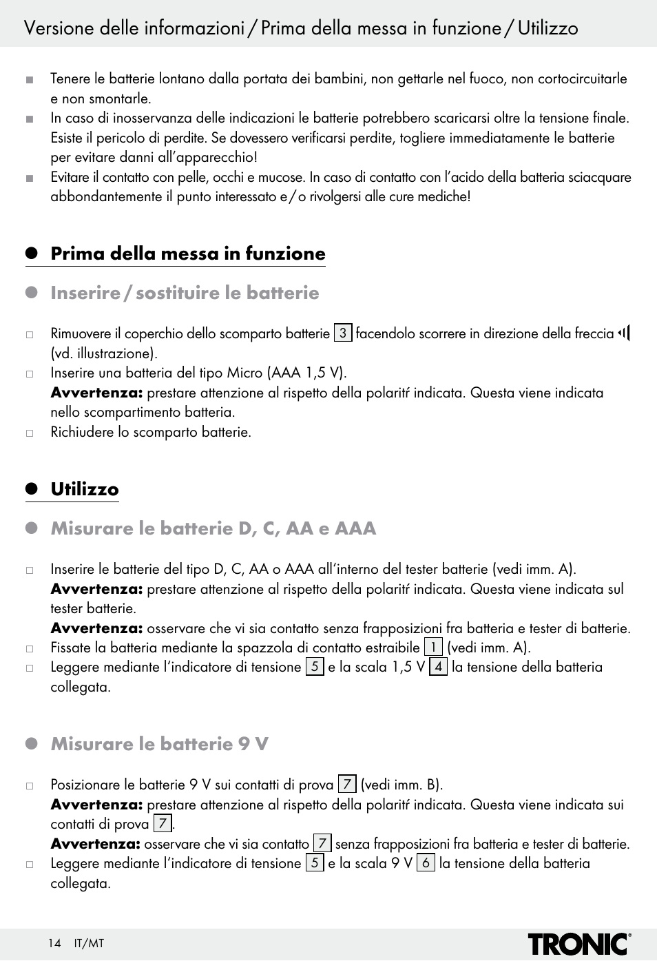 Prima della messa in funzione, Inserire / sostituire le batterie, Utilizzo | Misurare le batterie d, c, aa e aaa, Misurare le batterie 9 v | Tronic H12276 User Manual | Page 14 / 35