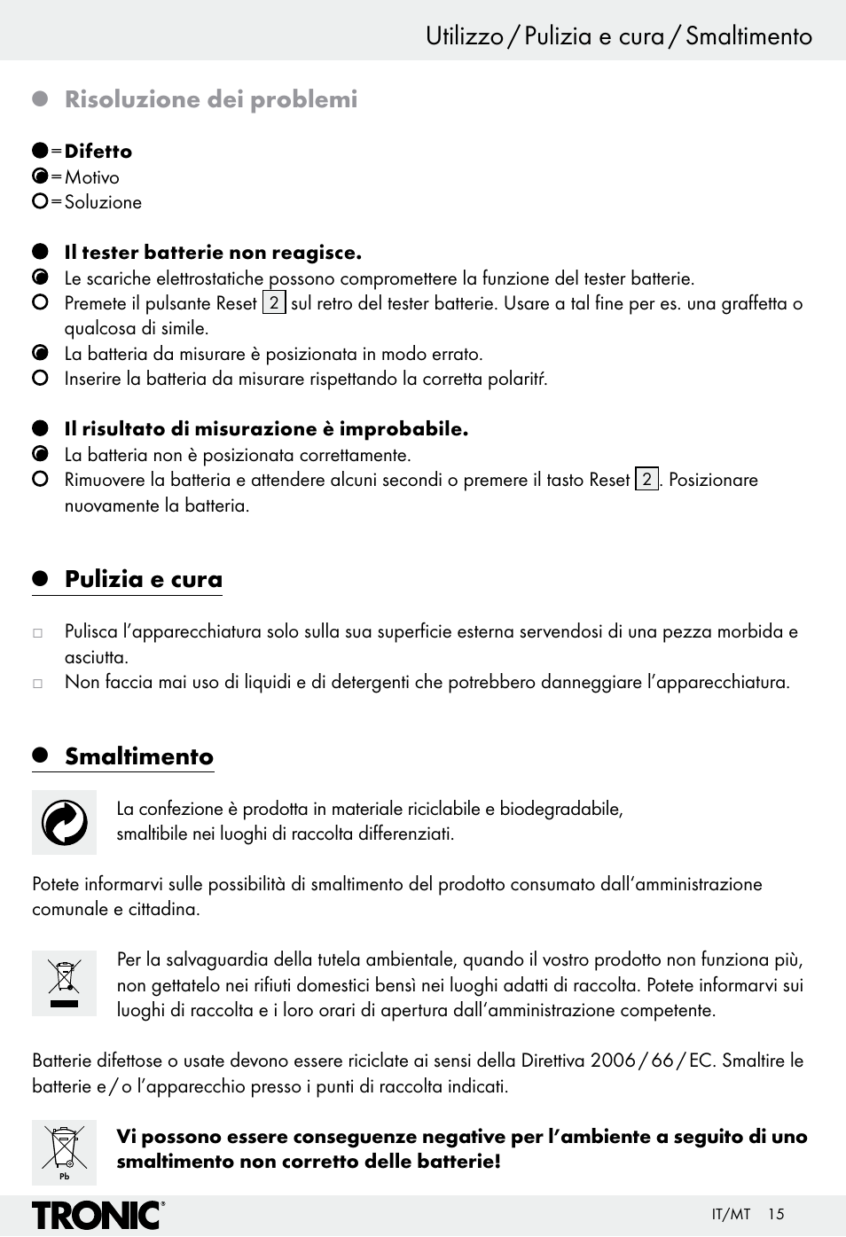 Utilizzo / pulizia e cura / smaltimento, Risoluzione dei problemi, Pulizia e cura | Smaltimento | Tronic H12276 User Manual | Page 15 / 35
