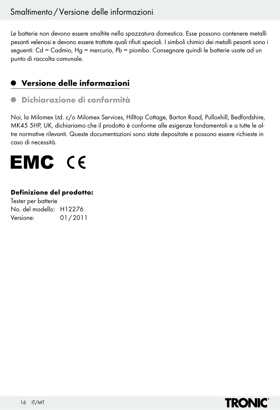 Smaltimento / versione delle informazioni | Tronic H12276 User Manual | Page 16 / 35