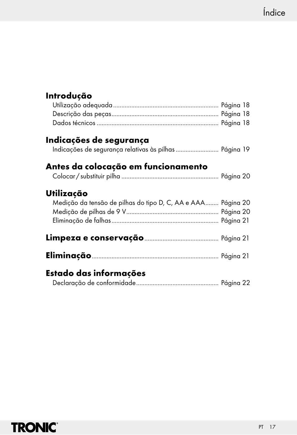 Índice | Tronic H12276 User Manual | Page 17 / 35