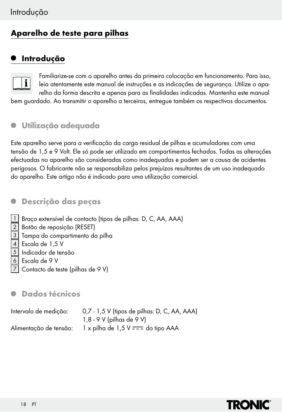 Introdução, Aparelho de teste para pilhas, Utilização adequada | Descrição das peças, Dados técnicos | Tronic H12276 User Manual | Page 18 / 35
