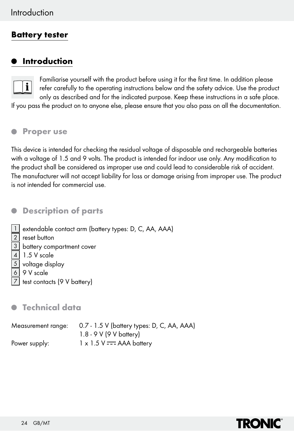 Introduction, Battery tester, Proper use | Description of parts, Technical data | Tronic H12276 User Manual | Page 24 / 35