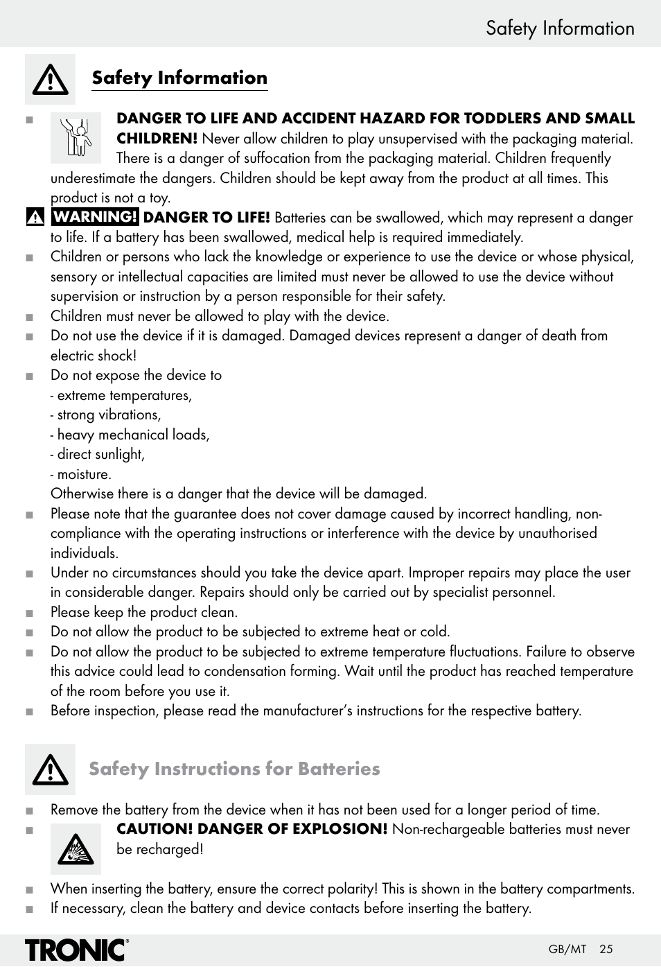 Safety information, Safety instructions for batteries | Tronic H12276 User Manual | Page 25 / 35