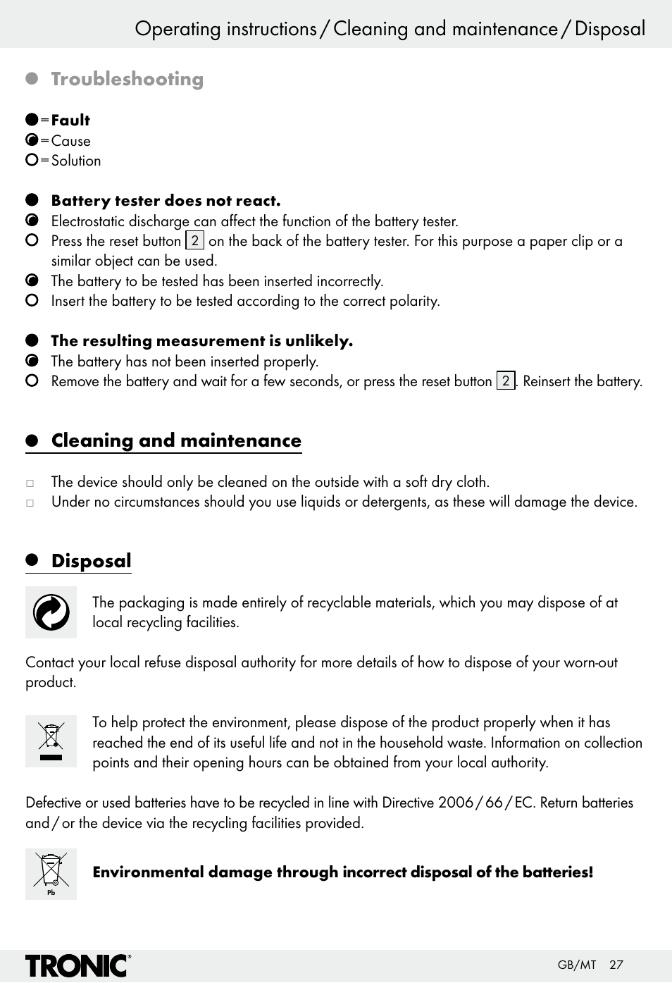 Troubleshooting, Cleaning and maintenance, Disposal | Tronic H12276 User Manual | Page 27 / 35