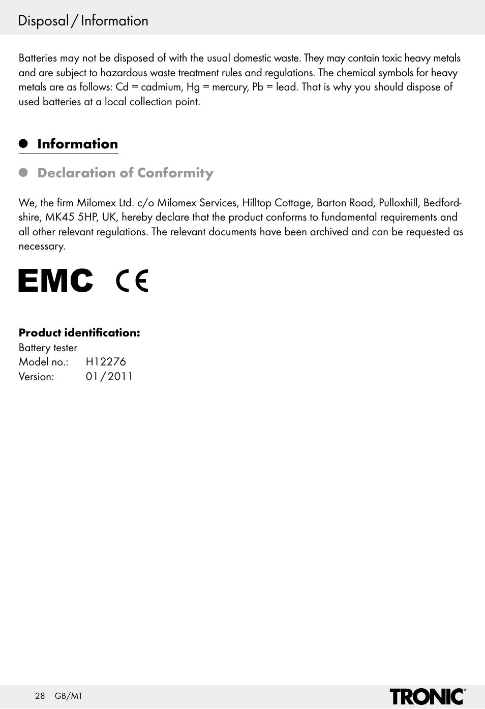 Disposal / information | Tronic H12276 User Manual | Page 28 / 35