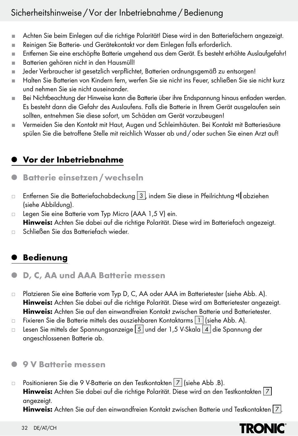 Vor der inbetriebnahme, Batterie einsetzen / wechseln, Bedienung | D, c, aa und aaa batterie messen, 9 v batterie messen | Tronic H12276 User Manual | Page 32 / 35