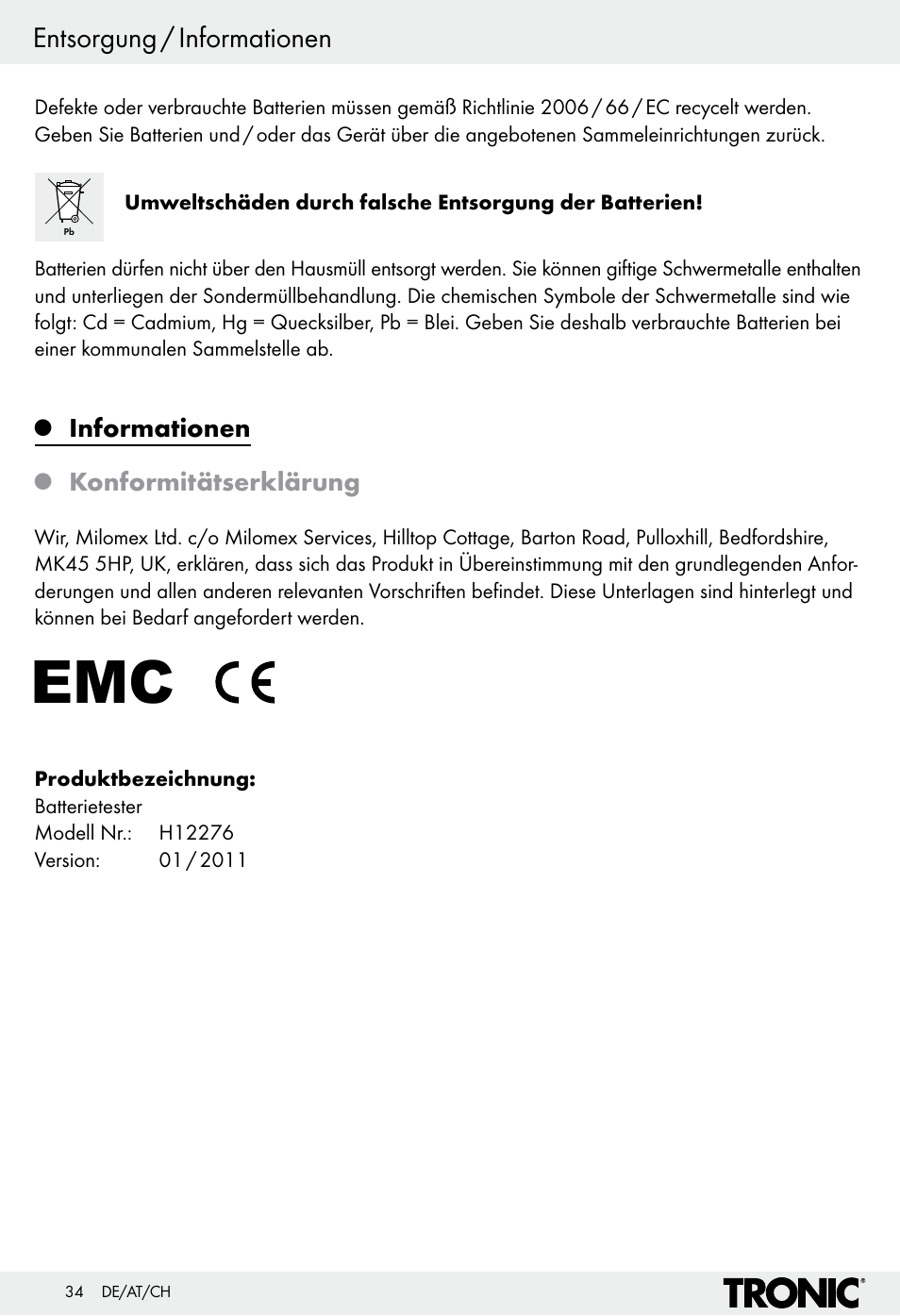 Entsorgung / informationen | Tronic H12276 User Manual | Page 34 / 35