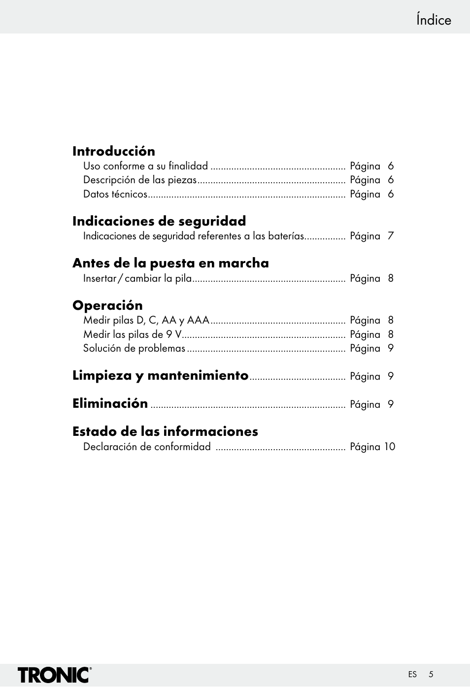 Índice | Tronic H12276 User Manual | Page 5 / 35