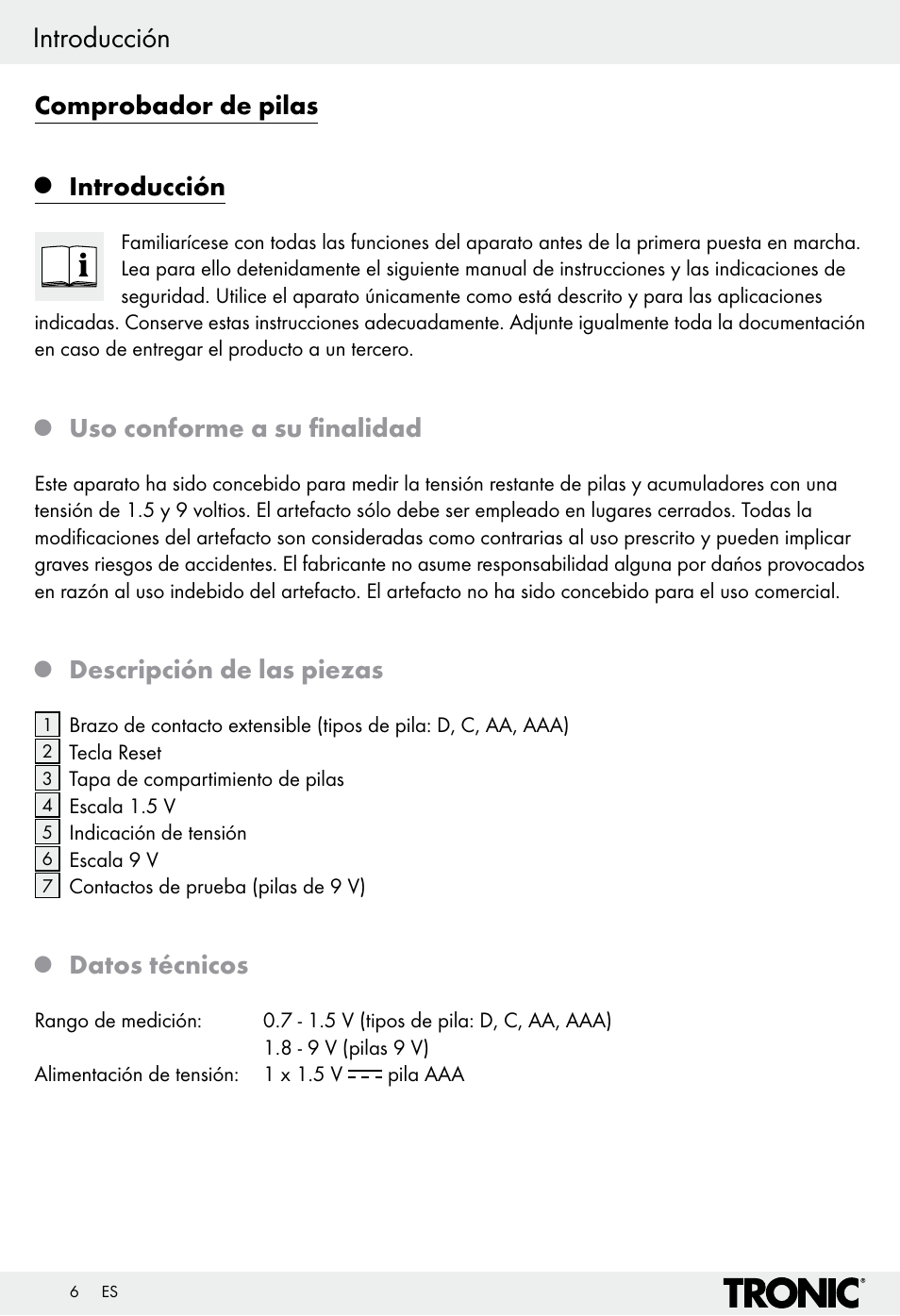 Introducción, Comprobador de pilas, Uso conforme a su finalidad | Descripción de las piezas, Datos técnicos | Tronic H12276 User Manual | Page 6 / 35