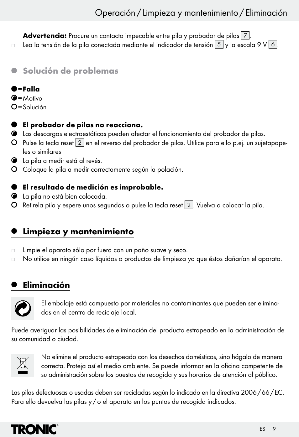 Operación / limpieza y mantenimiento / eliminación, Solución de problemas, Limpieza y mantenimiento | Eliminación | Tronic H12276 User Manual | Page 9 / 35