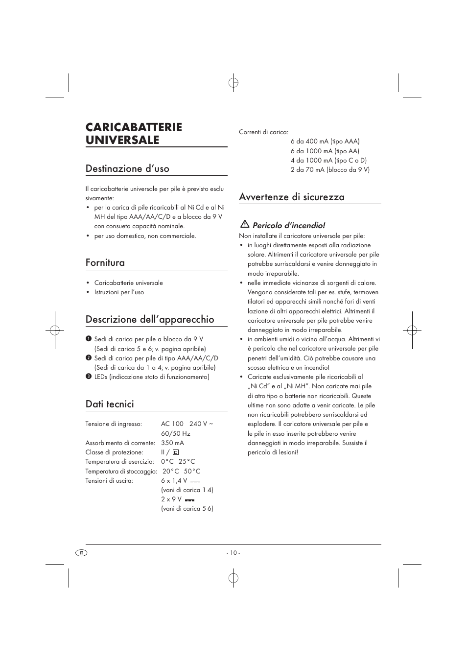 Caricabatterie universale, Destinazione d’uso, Fornitura | Descrizione dell’apparecchio, Dati tecnici, Avvertenze di sicurezza | Tronic TLG 1000 A1 User Manual | Page 12 / 34