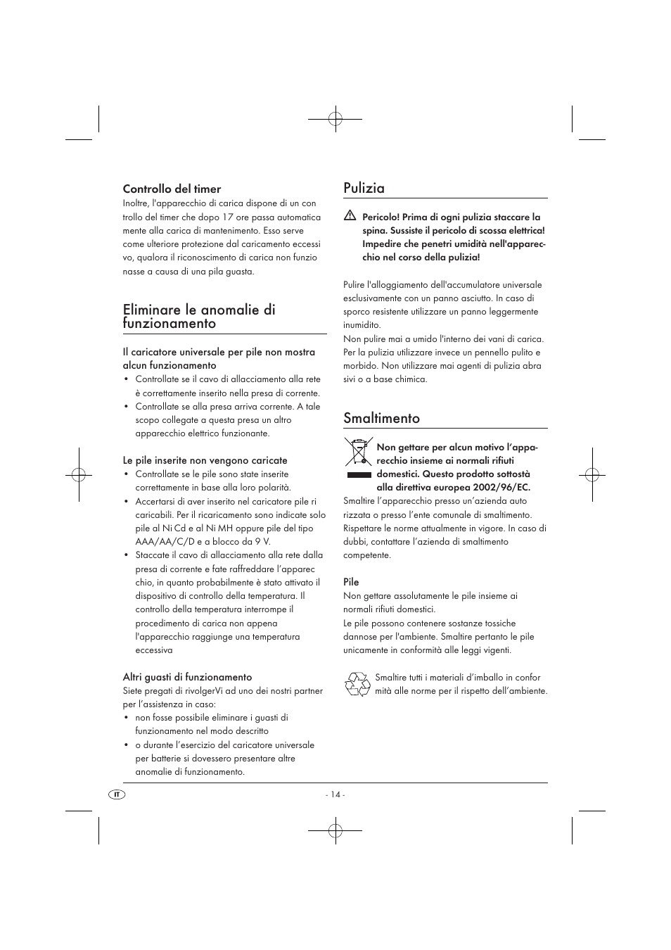 Eliminare le anomalie di funzionamento, Pulizia, Smaltimento | Controllo del timer | Tronic TLG 1000 A1 User Manual | Page 16 / 34