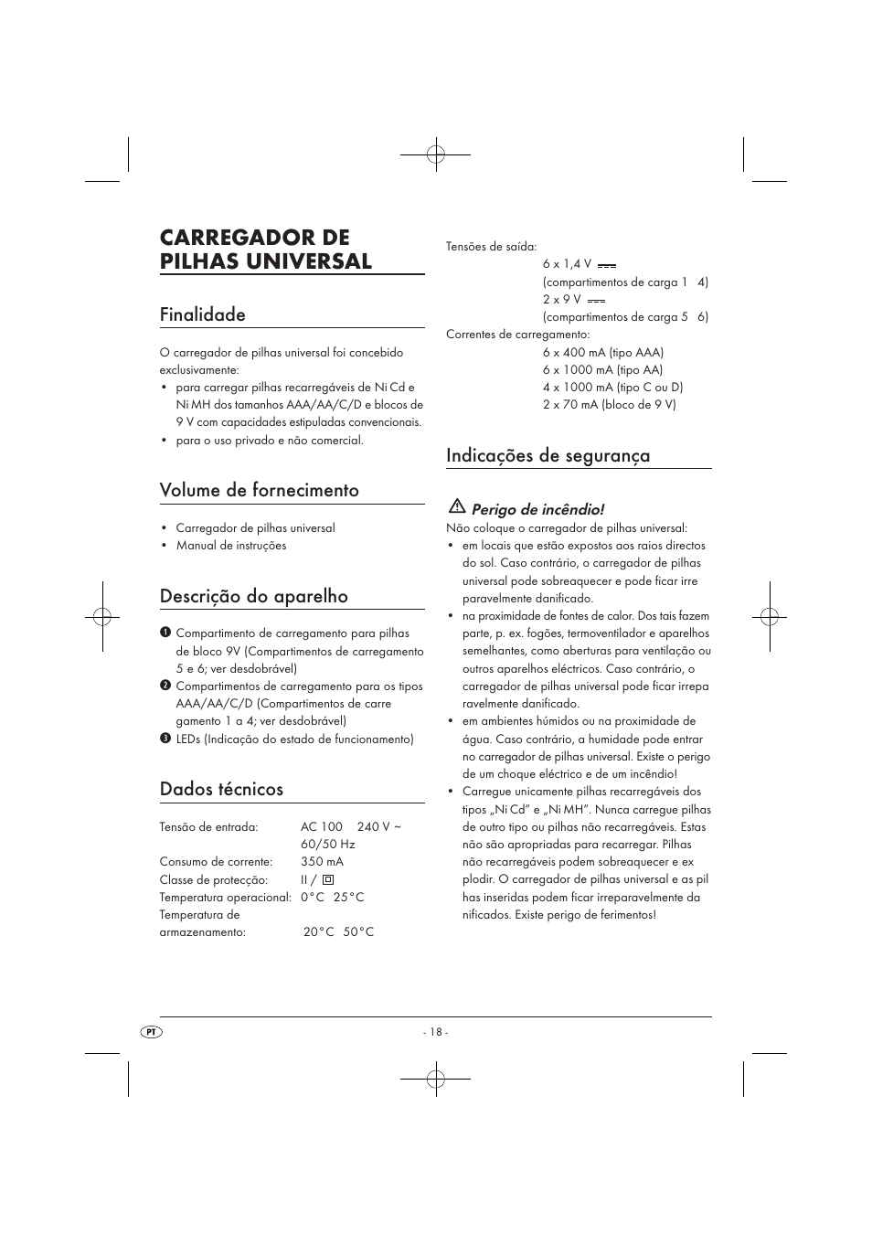 Carregador de pilhas universal, Finalidade, Volume de fornecimento | Descrição do aparelho, Dados técnicos, Indicações de segurança | Tronic TLG 1000 A1 User Manual | Page 20 / 34