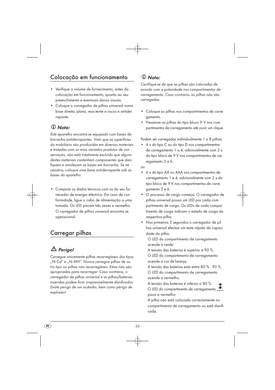 Colocação em funcionamento, Carregar pilhas, Nota | Perigo | Tronic TLG 1000 A1 User Manual | Page 22 / 34