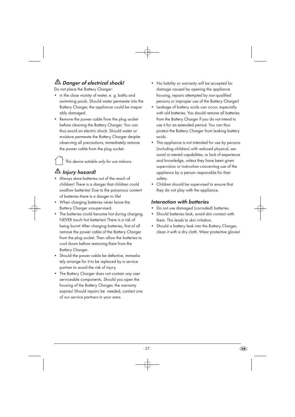 Danger of electrical shock, Injury hazard, Interaction with batteries | Tronic TLG 1000 A1 User Manual | Page 29 / 34