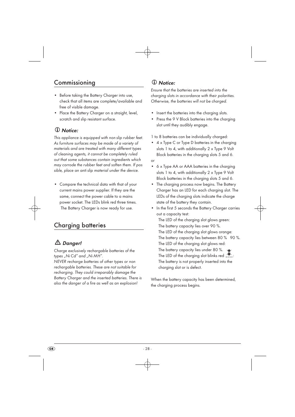 Commissioning, Charging batteries, Notice | Danger | Tronic TLG 1000 A1 User Manual | Page 30 / 34