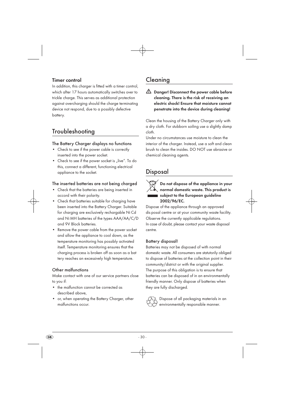 Troubleshooting, Cleaning, Disposal | Timer control | Tronic TLG 1000 A1 User Manual | Page 32 / 34