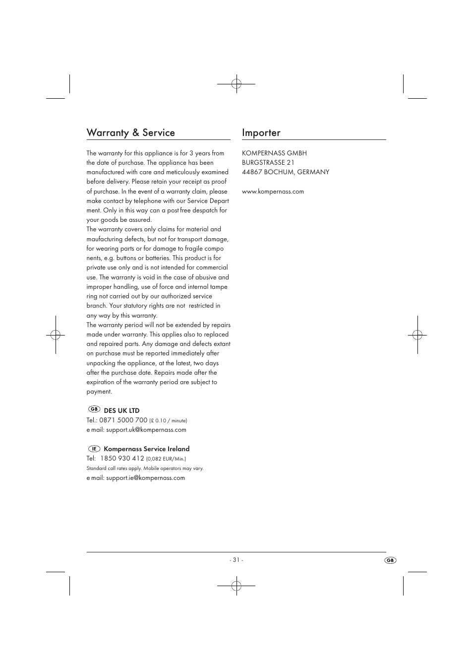Warranty & service, Importer | Tronic TLG 1000 A1 User Manual | Page 33 / 34