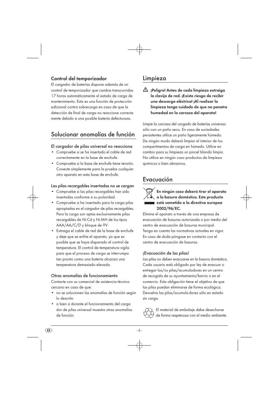 Solucionar anomalías de función, Limpieza, Evacuación | Control del temporizador | Tronic TLG 1000 A1 User Manual | Page 8 / 34