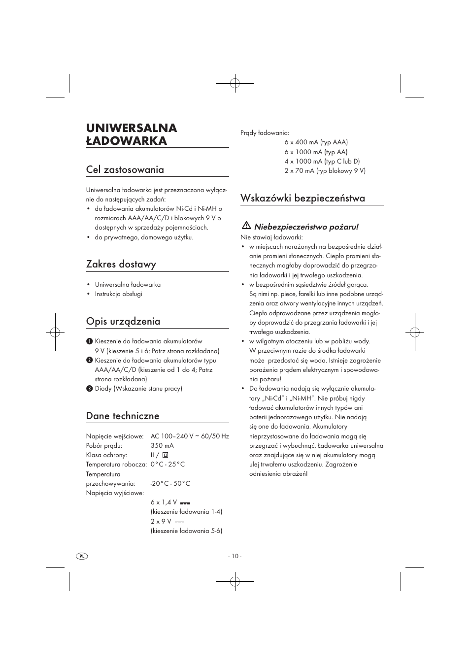 Uniwersalna ładowarka, Cel zastosowania, Zakres dostawy | Opis urządzenia, Dane techniczne, Wskazówki bezpieczeństwa | Tronic TLG 1000 A1 User Manual | Page 12 / 66