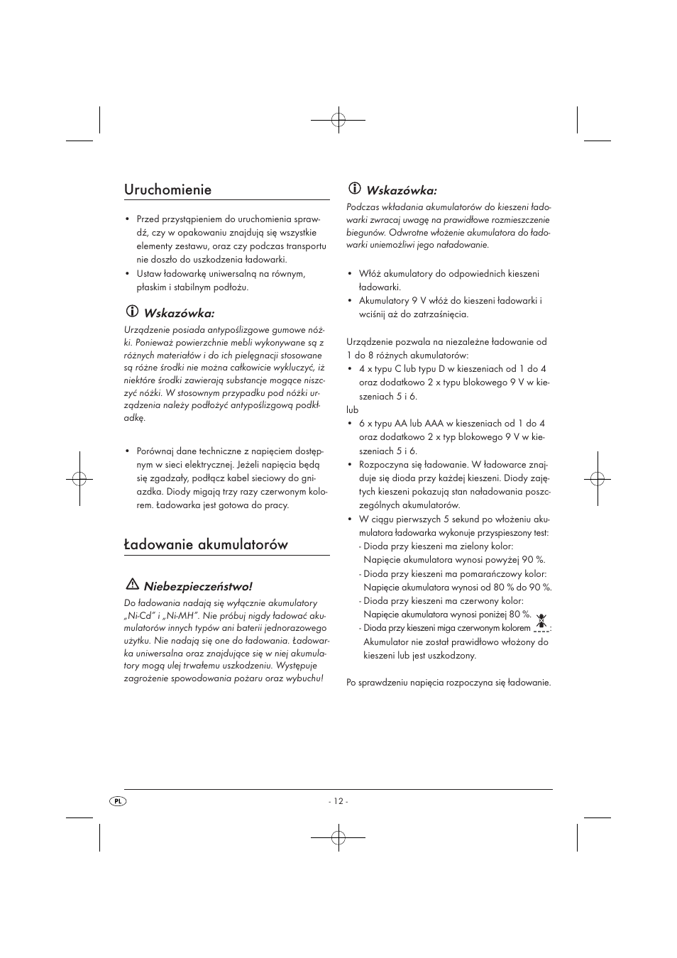 Uruchomienie, Ładowanie akumulatorów, Wskazówka | Niebezpieczeństwo | Tronic TLG 1000 A1 User Manual | Page 14 / 66