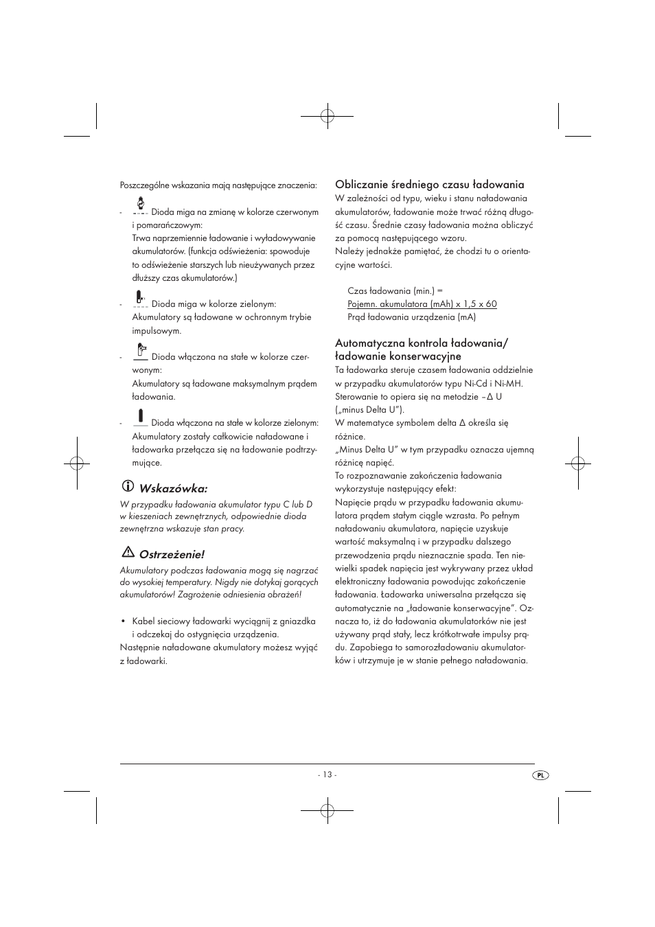 Wskazówka, Ostrzeżenie, Obliczanie średniego czasu ładowania | Tronic TLG 1000 A1 User Manual | Page 15 / 66