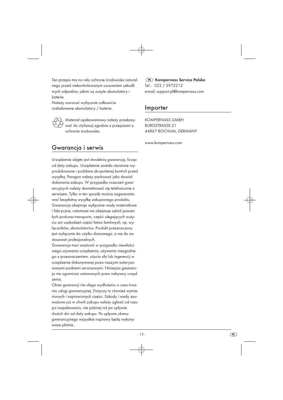 Gwarancja i serwis, Importer | Tronic TLG 1000 A1 User Manual | Page 17 / 66