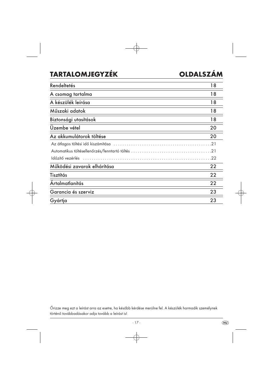 Tartalomjegyzék oldalszám | Tronic TLG 1000 A1 User Manual | Page 19 / 66