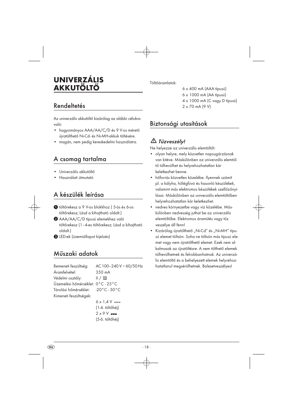 Univerzális akkutöltő, Rendeltetés, A csomag tartalma | A készülék leírása, Műszaki adatok, Biztonsági utasítások | Tronic TLG 1000 A1 User Manual | Page 20 / 66