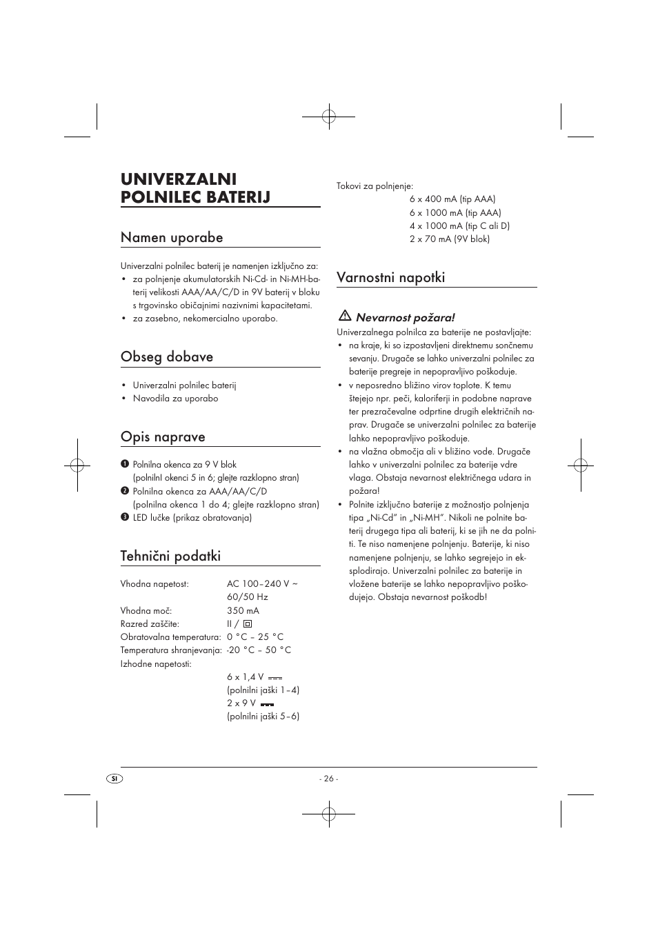 Univerzalni polnilec baterij, Namen uporabe, Obseg dobave | Opis naprave, Tehnični podatki, Varnostni napotki | Tronic TLG 1000 A1 User Manual | Page 28 / 66